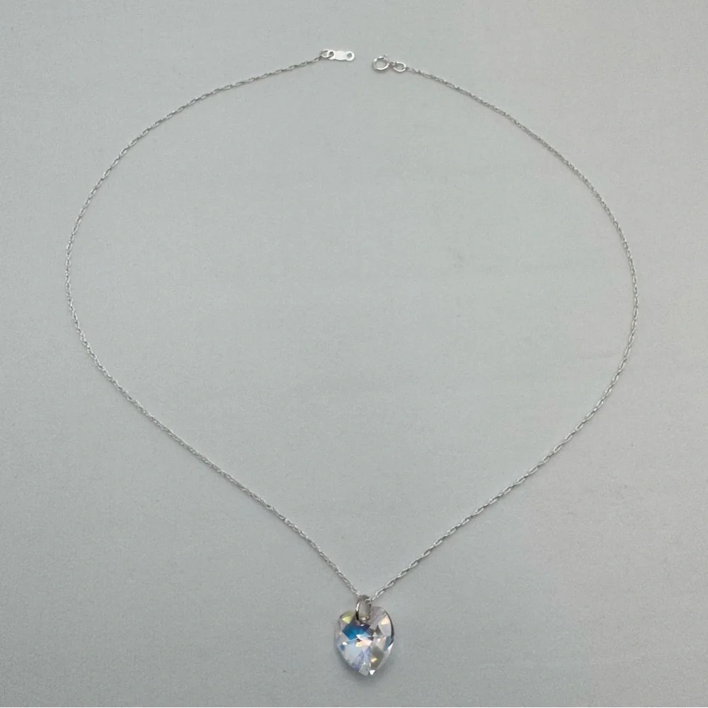 Sterling Silver Swarovski Crystal Heart Pendant Necklace 18” Spring Clasp